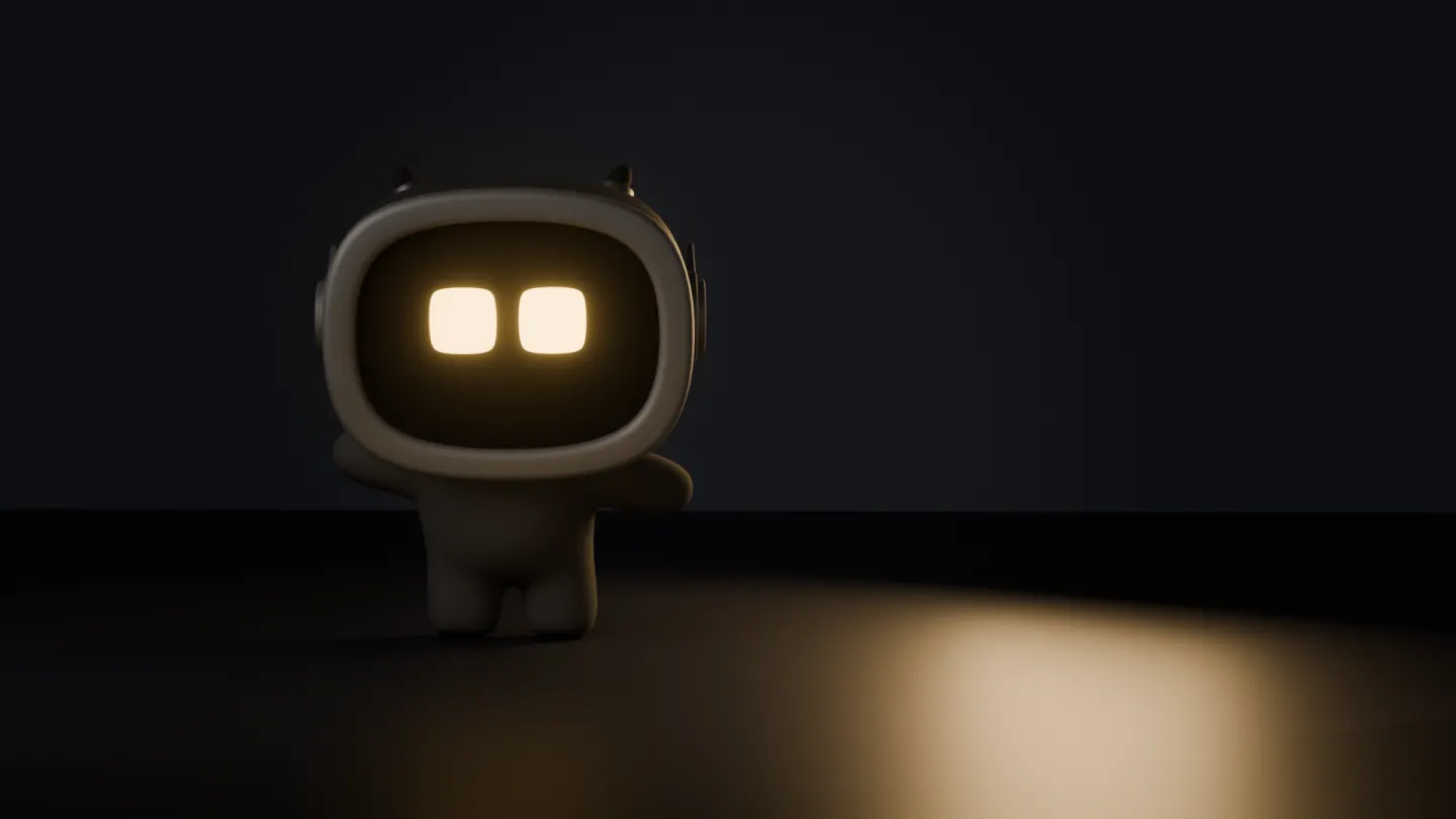 Ein kleiner Roboter steht im Dunkeln und sieht den Betrachter mit warm leuchtenden Augen an.
